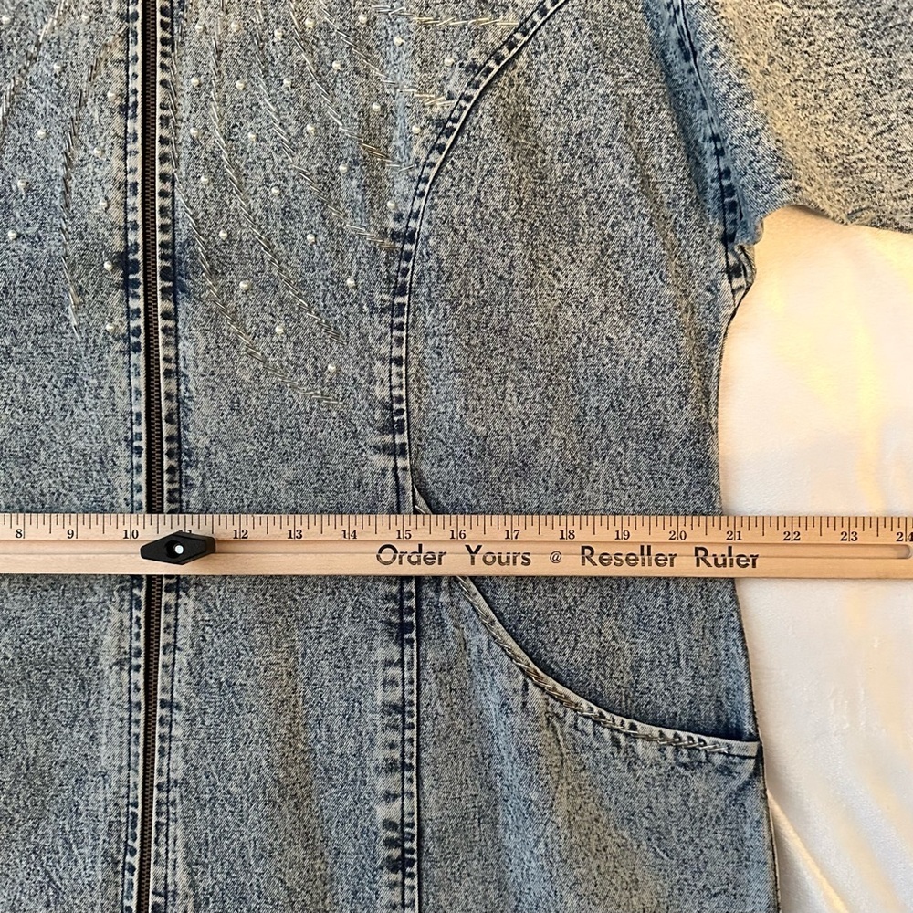 Vintage 80s Handmade KAZU Designs Long Denim Dress XL Beaded Embellished Zip - Picture 10 of 13